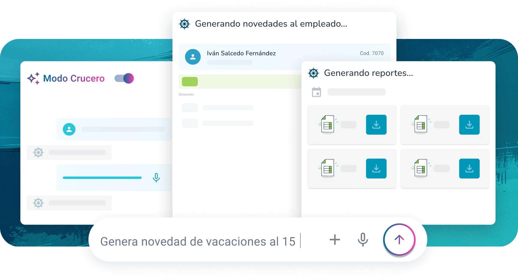 Modo Crucero de Bitákora interpretando una instrucción en español y actualizando la liquidación de nómina.