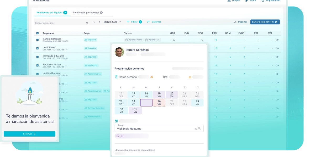 Vista de periodo en Bitákora con los turnos definidos, marcación desde la app y las horas de cada colaborador listas para revisar.