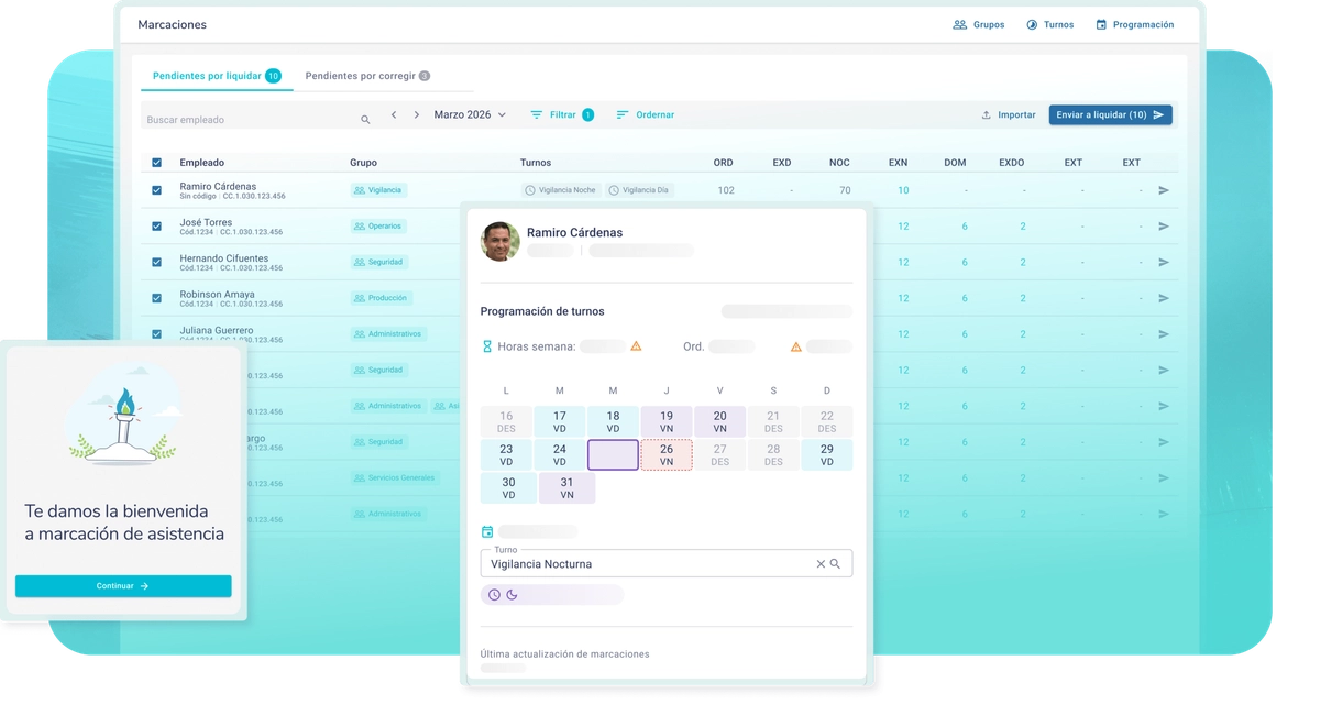Vista de periodo en Bitákora con los turnos definidos, marcación desde la app y las horas de cada colaborador listas para revisar.
