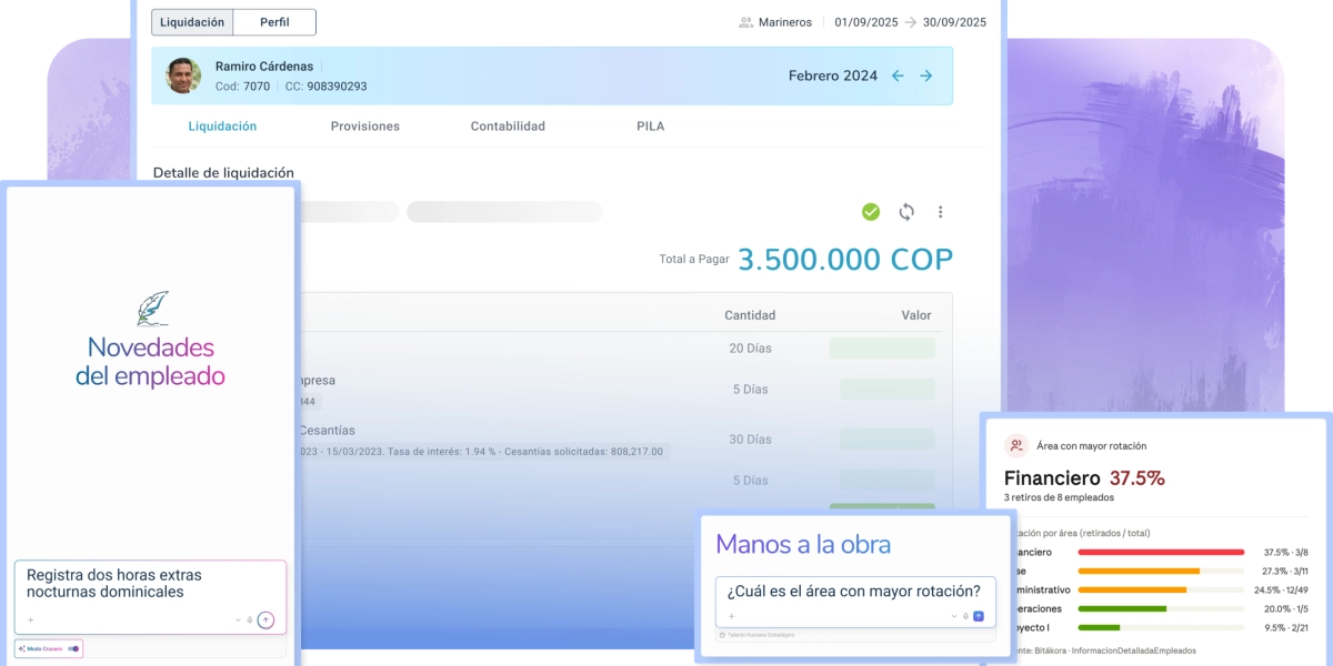 Panel de Bitákora con el Modo Crucero interpretando una orden en español y actualizando la liquidación de nómina.