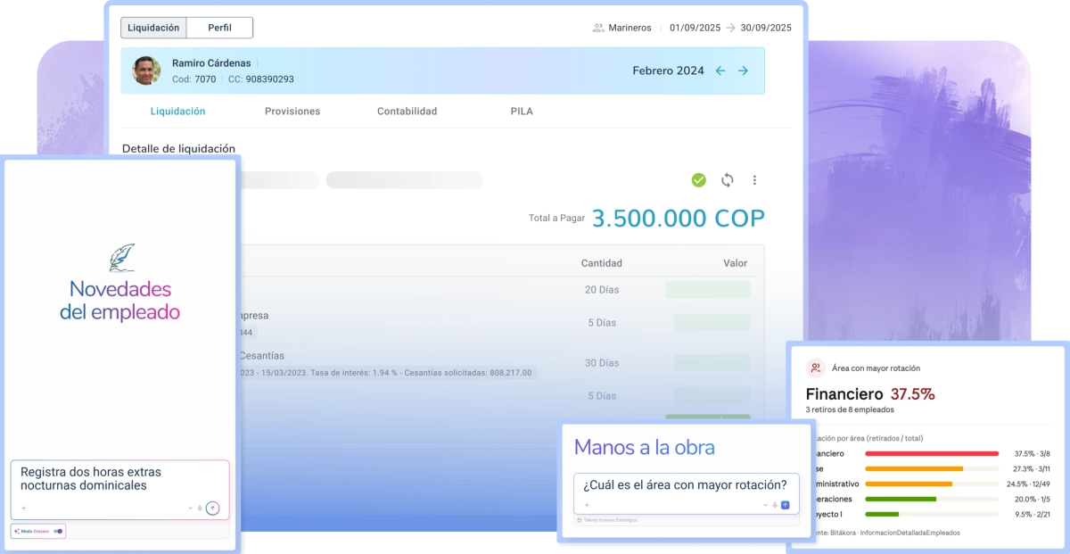 Panel de Bitákora con el Modo Crucero interpretando una orden en español y actualizando la liquidación de nómina.
