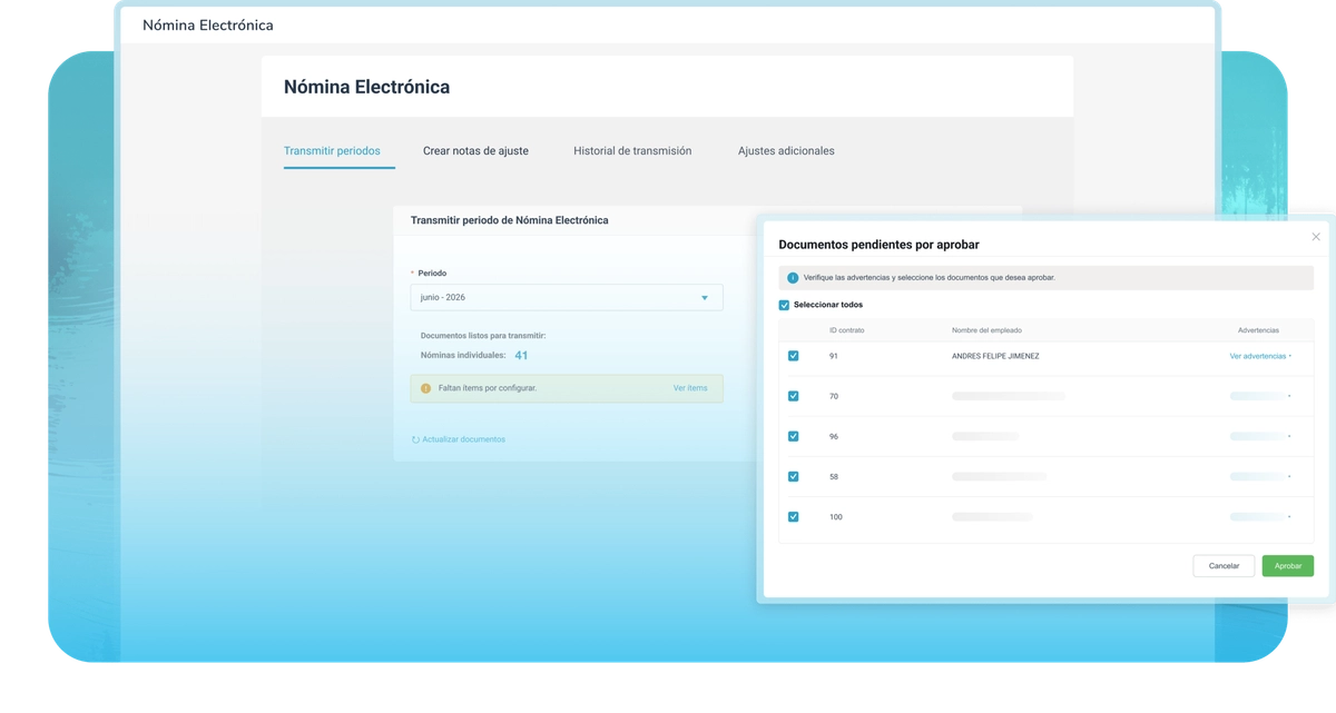 Bandeja de nómina electrónica en Bitákora con documentos soporte transmitidos y validados ante la DIAN.