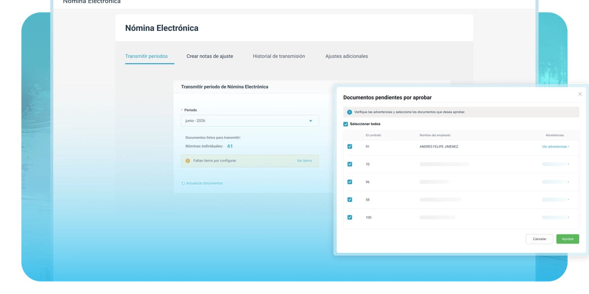 Bandeja de nómina electrónica en Bitákora con documentos soporte transmitidos y validados ante la DIAN.