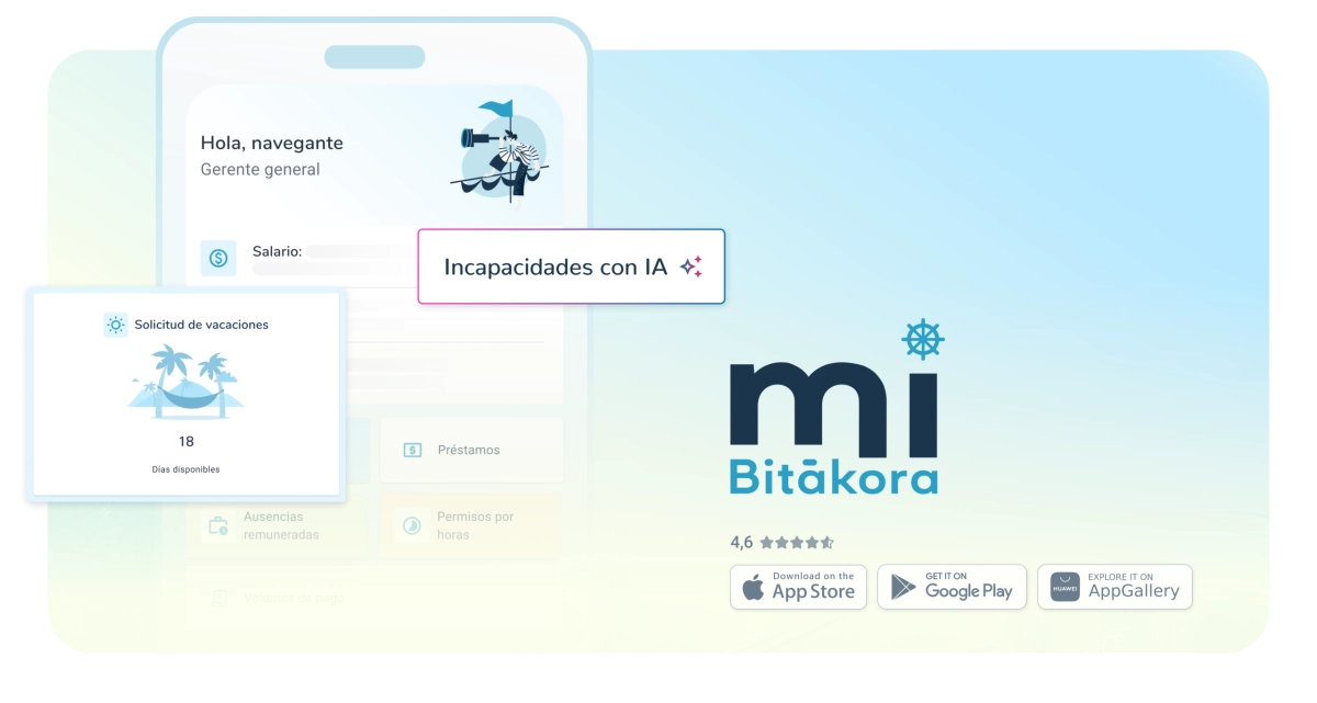 App de miBitákora en el celular con vacaciones, cesantías, ausencias remuneradas, volantes de pago e incapacidades del colaborador.