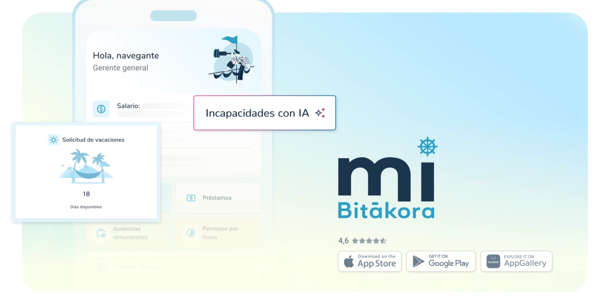 App de miBitákora en el celular con vacaciones, cesantías, ausencias remuneradas, volantes de pago e incapacidades del colaborador.