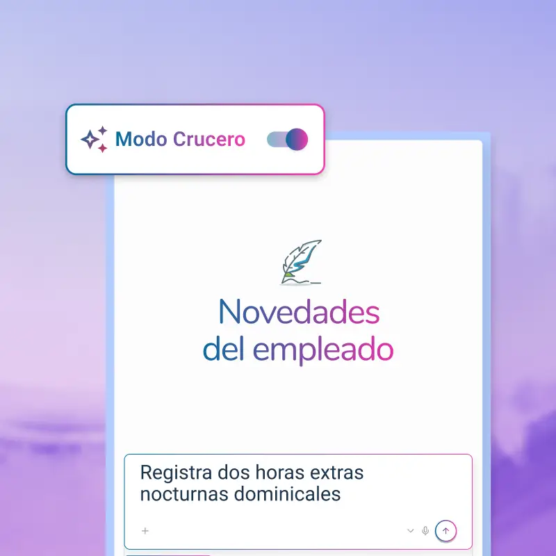 Pantalla de novedades del empleado en Bitákora con Modo Crucero activado, registrando la instrucción “Registra dos horas extras nocturnas dominicales”.